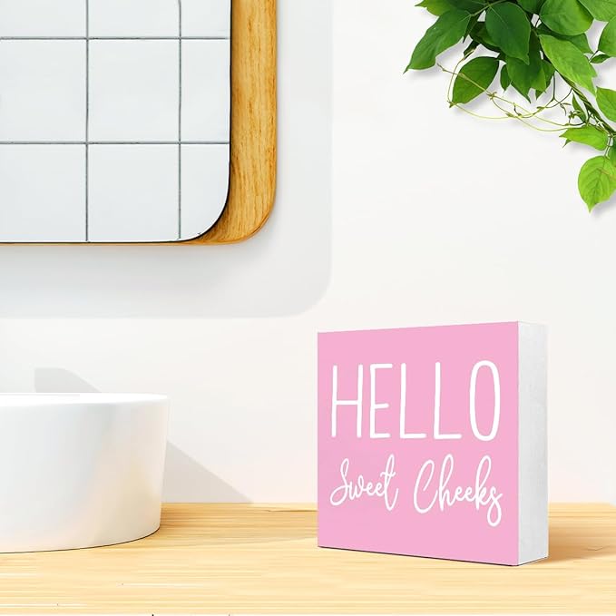 LVQHI Cute Bathroom Shelf Decor, Hello Sweet Cheeks Sign Wooden Box for Shelves Toilet Restroom Tabletop Decoration, Funny Pink Bathroom Sign Decor,5'' L x 5" H ﻿