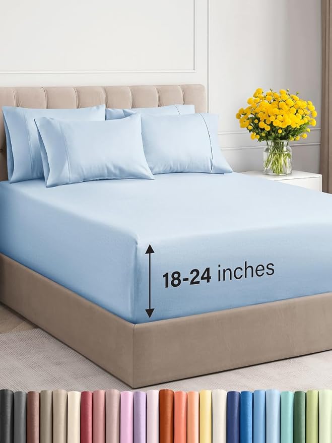 Extra Deep King Sheet Set - 6 Piece Breathable & Cooling Sheets - Hotel Luxury Bed Sheets Set - Easy & Secure Fit - Soft, Wrinkle Free & Comfy Sheets Set - Sky Blue Sheet Set with Extra Deep Pockets