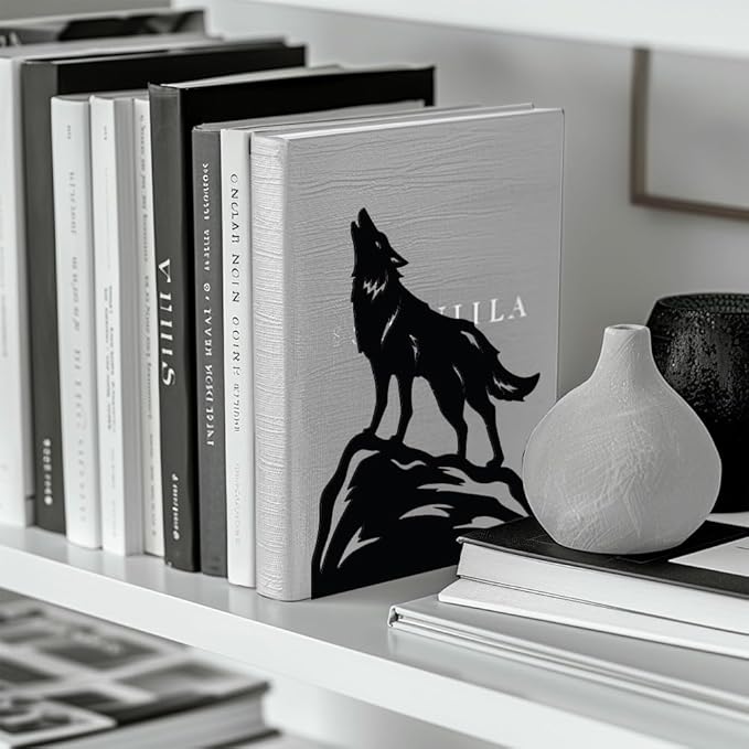 Peacoblue Metal Bookends for Shelves, Modern Decorative Heavy Duty Study Book Support Stoppers for Office, Desk, Shelf, Room 5.3"x4.3"x6.4" Cast Iron Simple Tall Bookends, 1 Pair (Howling Wolf)