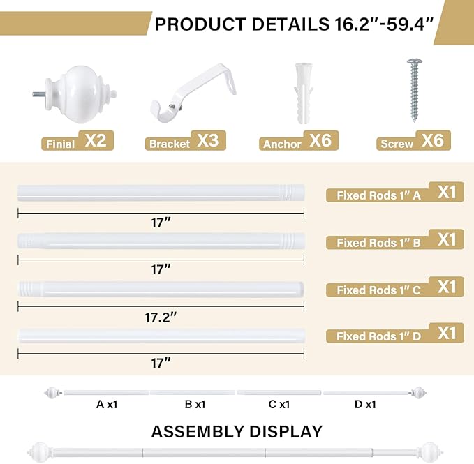 H.VERSAILTEX Curtain Rods for Windows 16.2 to 59.4 Inches 1 inch Diameter Adjustable Decorative Telescoping Curtain Rod with Brackets Heavy Duty Splicing Window Rods with Decorative Finials, White