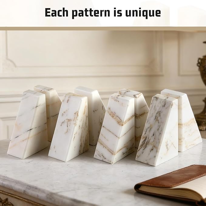 Marble Bookends for Heavy Books, Calacatta Decorative Book Ends for Shelves, Unique and Heavy Bookends for Hardback Book & Cookbooks, Stone Book Stopper, Modern Book Holder,Set of 2