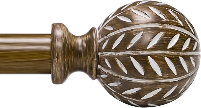 Boho Wooden Curtain Rods for Windows 28 to 48 Inches(2.3-4 ft), Adjustable-Heavy Duty 1" Diameter Drapery Rod with Imitation Wood-Grain Leaf-Pattern Finials - for Living Room & Bedroom，18-64''