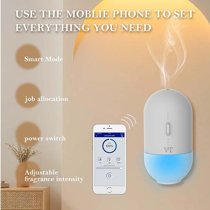 Plug in Waterless Oil Diffuser and 5 OZ Essential Oil for 600 Sq. Ft Room Home Hotel Office, Mini Wall Mounted Smart Scent Air Freshener Machine with Bluetooth App, House Outlet Aroma Diffuser Grey