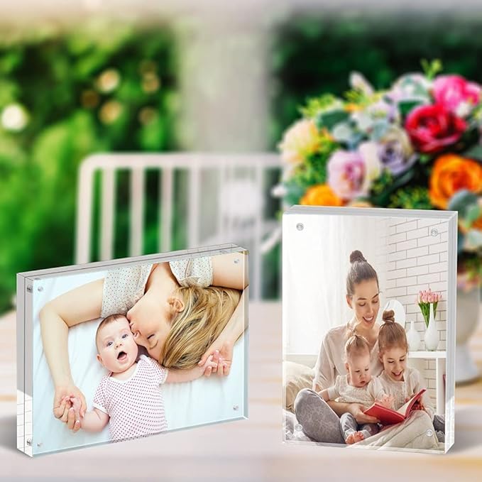 ILYXY 3 Pack Acrylic Frame 4x6, 20% Thicker, 20mm Thick Frameless Clear Picture Frame, Double Sided Magnetic Photo Frame, Free Standing Desktop Display Stand Acrylic Picture Frames