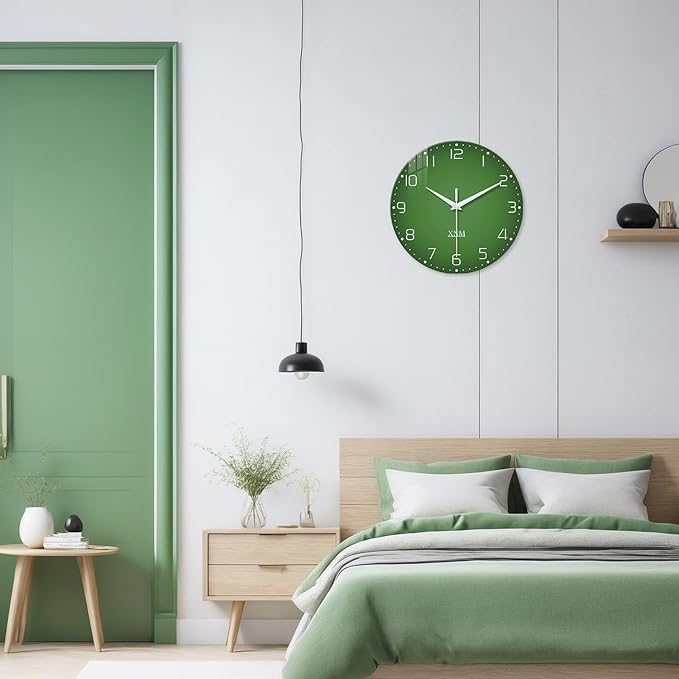 XNM Green Wall Clock for Living Room 16 Inches or Larger Modern Glass Wall Clock for Women Silent Wall Clocks Battery Operated