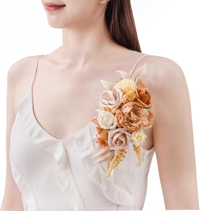TINGE TIME 2pcs Wedding Shoulder Corsages Artificial Flowers Terracotta Cream, Mother of The Bride/Groom Corsage for Fall Wedding, Homecoming, Prom, Anniversary & Formal Dinner Party
