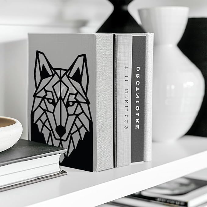 Peacoblue Metal Bookends for Shelves, Modern Decorative Heavy Duty Study Book Support Stoppers for Office, Desk, Shelf, Room 5.3"x4.3"x7.5" Cast Iron Simple Tall Bookends, 1 Pair (Geometric Wolf Head)