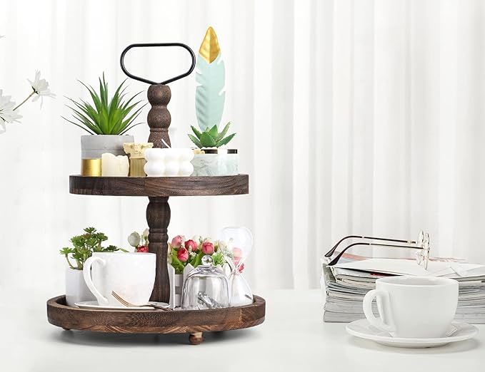 Farmhouse Wooden Decorative Two Tiered Trays+ Pu Leather Tray,Wood 2 Tier Serving Tray Stand for Rustic Table Centerpiece,Kitchen Decor,Coffee Bar, or Cupcake Stand (Brown)