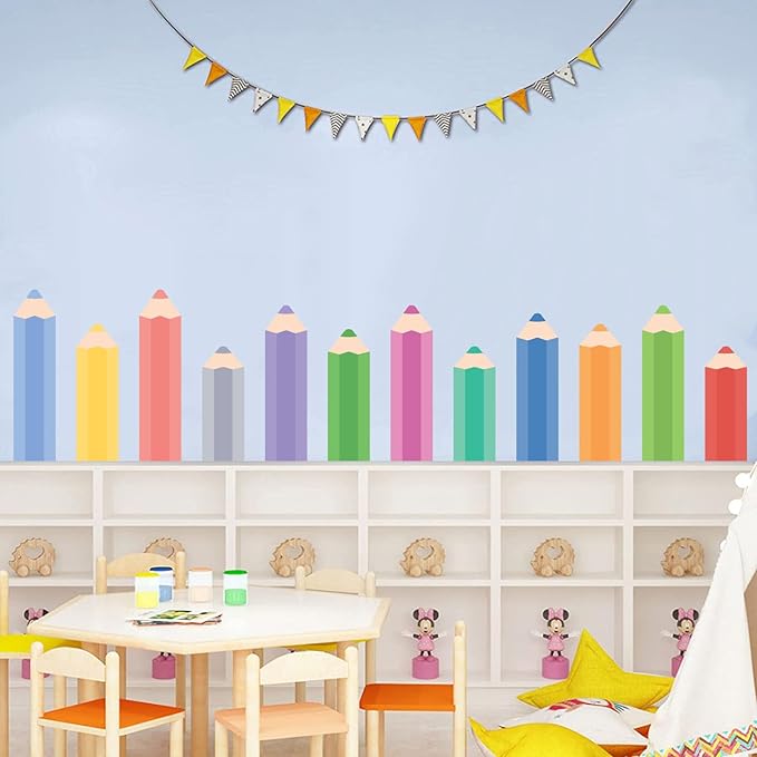 Colorful Pencils Wall Stickers, Rainbow Penceils Wall Decals, Peel and Stick Removable DIY Large Educational Corner Wall Decor for Study Classroom Nursery Bedroom Blackboard Decoration