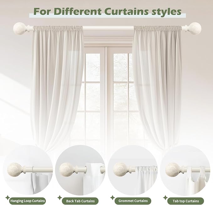 White Wood Curtain Rods for Windows:HTZON 1" Farmhouse Boho Rrustic Wooden Curtain Rod Living Room Bedroom,Decorative Adjustable Antique White Drapery Rods Faux Wood Grain Vintage Distressed,66-120"