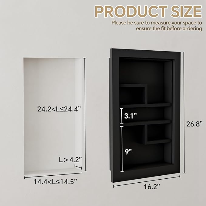 Solid Wood 14 X 24 Recessed Medicine Cabinet,3-Tier, Medicine Cabinet Organizer,Wall Niche, Bathroom Wall Cabinet, Recessed Bathroom Cabinet, Bathroom Cabinet with Storage Black