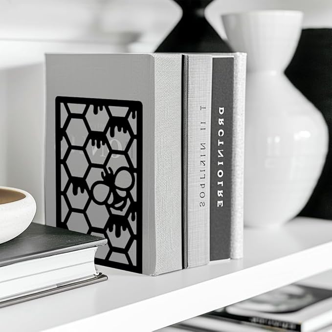 Peacoblue Metal Bookends for Shelves, Modern Decorative Heavy Duty Study Book Support Stoppers for Office, Desk, Shelf, Room 5.3"x4.3"x7.9" Cast Iron Simple Tall Bookends, 1 Pair (Beehive)