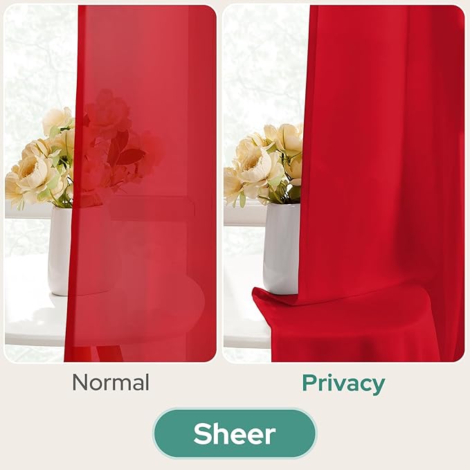 HOMEIDEAS Christmas Non-See-Through Red Privacy Semi Sheer Curtains 45 Inches Long 2 Panels Set Light Filtering Curtains for Living Room Bedroom Drapes,W52xL45