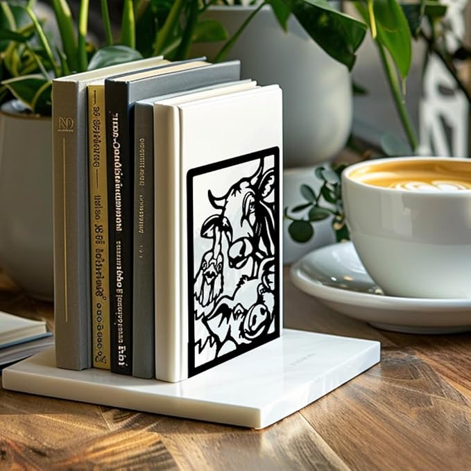 Peacoblue Metal Bookends for Shelves, Modern Decorative Heavy Duty Study Book Support Stoppers for Office, Desk, Shelf, Room 5.3"x4.3"x7.9" Cast Iron Simple Tall Bookends, 1 Pair (Farm Animals)