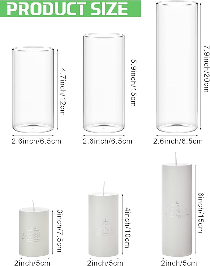 Shihanee 120 Pcs Pillar Candles and Glass Cylinder Vases Clear Cylinder Holders for Slim Pillar Candles Table Decoration (White)