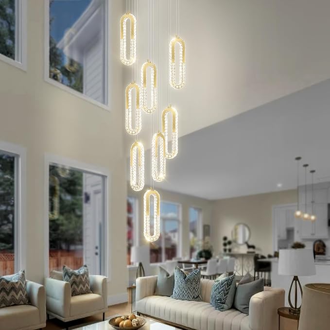 8 Rings Crystal Chandelier,H118 Modern Gold Pendant Light Luxury Foyer Lighting Fixture High Ceiling Chandelier for Entryway,Staircase,Living Room,Villa LED Dimmable 2700K-6000K