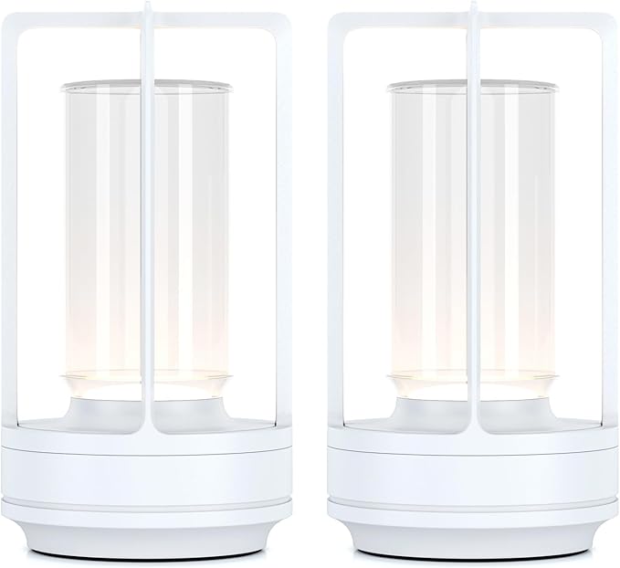Portable Metal Table Lamp for Indoor/Outdoor ,Rechargeable Cordless LED Lamp, 3-Colour Infinitely Dimming Battery Powered Small Desk Lamp, Restaurant/Bedroom/Bar/Coffee/Camping Light (White Set of 2)