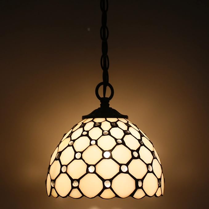 Small Tiffany Pendant Light Stained Glass Plug in Hanging Lamp 8 Inch Adjustable Height Hanging Chandelier Pendant Fixture for Home Kitchen Island Dining Room (Cream Pearl Bead Style)