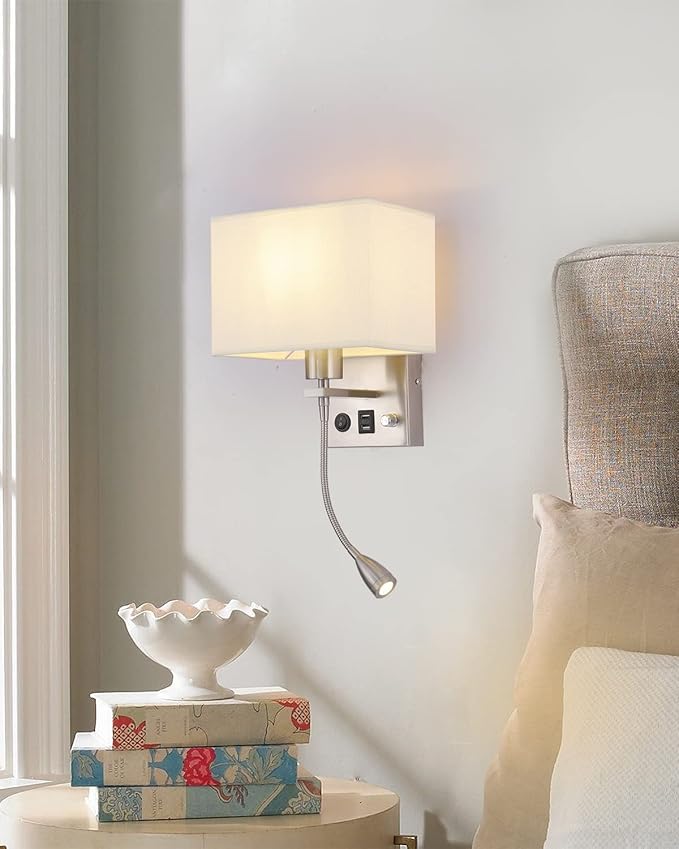Wall Sconce Plug in Cord Set of 2, Bedside Wall Mount Lights with Dimmable Switch, LED Bedroom Wall Lighting Fixtures with Reading Lamp USB Ports Brushed Nickel