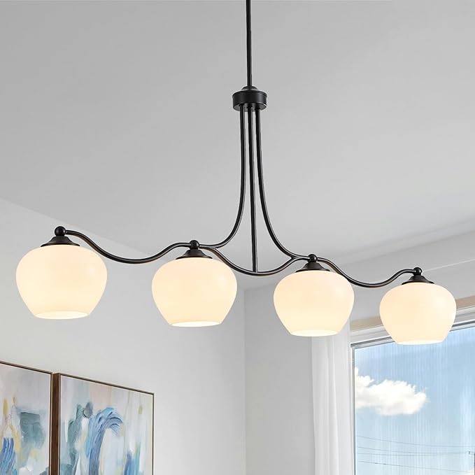 4 Lights 22.4" Kitchen Island Lighting Matte Black Dining Room Light Fixture Adjustable Rods Farmhouse Chandelier Pendant Lighting with Opal Glass Lampshade for Kitchen Over Table Living Room Entry
