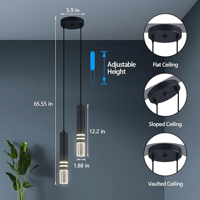 Pendant Lights Kitchen Island, Crystal Pendant Light Fixtures Mini 12W LED Modern Kitchen Pendant Lighting Over Sink and Living Room and Bedroom (Black 2 Light)