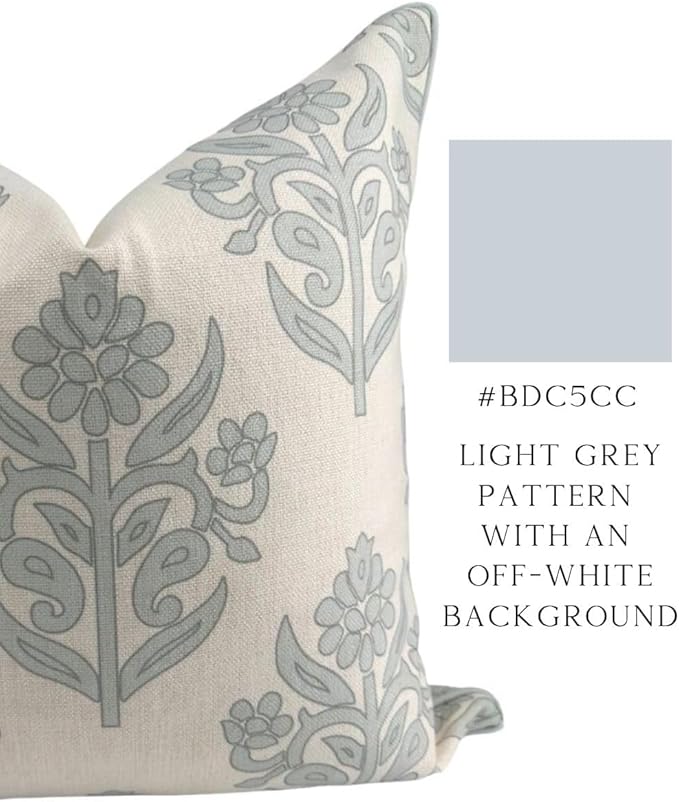 “The Naples” Floral Block Print Pillow Cover – Soft Grey and Off-White Decorative Throw Pillow Cover – Grandmillennial Home Decor, 24" x 24"