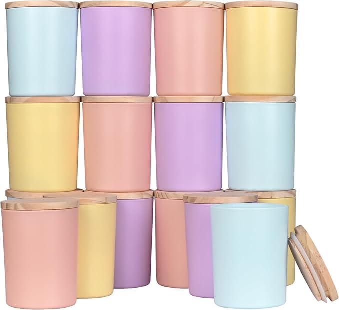 SHOWIN Thick Candle Jars for Making Candles 16 Pcs, 7 OZ Empty Jars with Wood Lids for Candle Making, Sample Container, Colourful