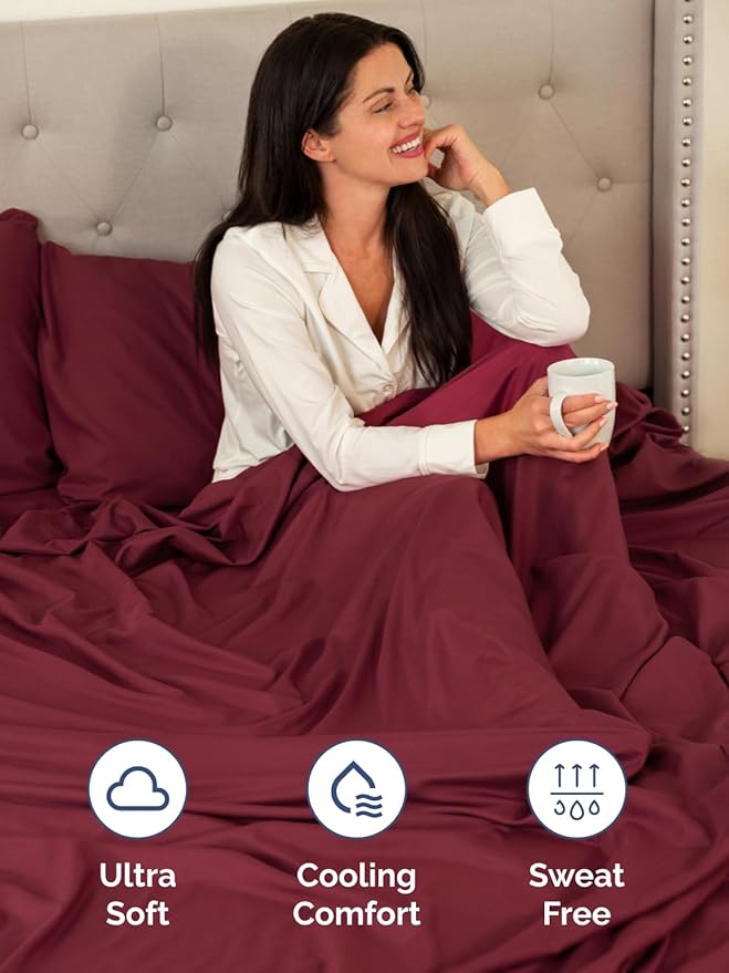 Extra Deep Split King Sheet Set - 7 Piece Breathable and Cooling Sheets - Hotel Luxury Bed Sheets Set - Easy Fit - Soft, Wrinkle Free and Comfy Sheets Set - Burgundy Sheet Set with Extra Deep Pockets