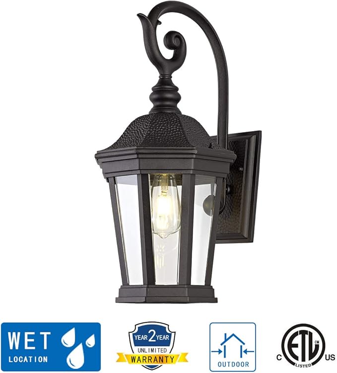 Exterior Light Fixtures, Outdoor Wall Light/Lantern, Large Outdoor Porch Light Fixtures Wall Mount in Matte Black Finish with Clear Glass, Aluminum Alloy, 60W