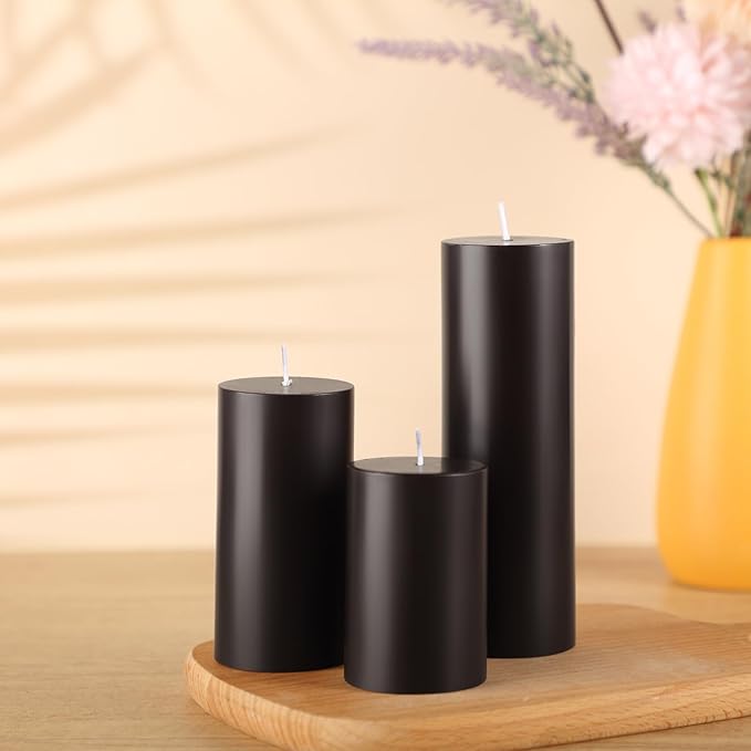 Shihanee Set of 3 Pillar Candles and 3 Glass Cylinder Candle Vases Holders Clear Pillar Jars for Wedding Centerpieces(2.6'' X 4.7'', 5.9'', 7.9'',Black)