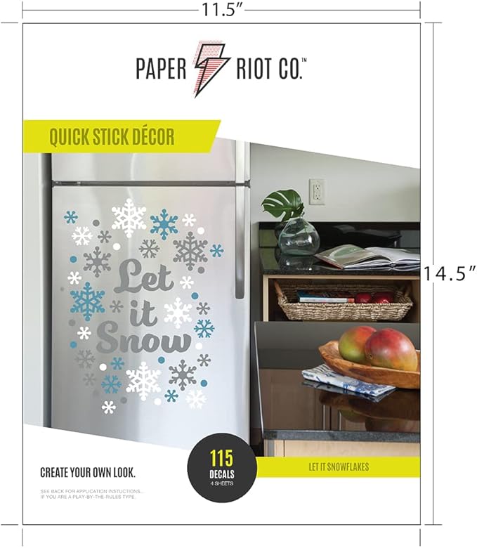 Paper Riot Co. Let It Snow Snowflakes Christmas Holiday Wall Stickers Removable Adhesive for Classroom Kids Room Nursery Bedroom Home Decor 115 Count Decals