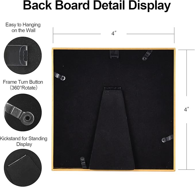4x4 Picture Frame Set of 3, Gold Aluminum Metal Square Photo Frame with HD Glass, Fits 3x3 with Mat or 4 x 4 without Mat, Display For Tabletop or Wall Collage