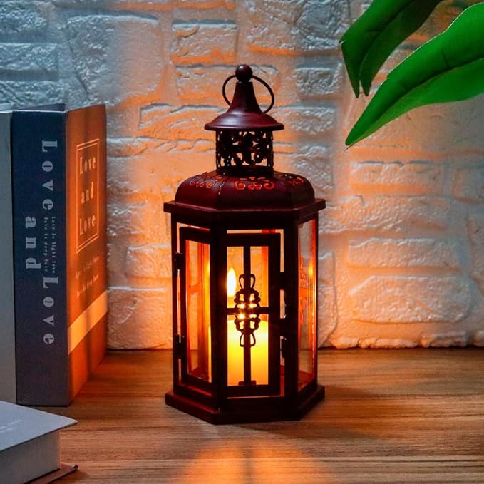 JHY DESIGN Decorative Candle Lantern 10“H Vintage Hanging Lantern Metal Candleholder for Indoor Outdoor Events Parities and Weddings (Red with Black Brush)