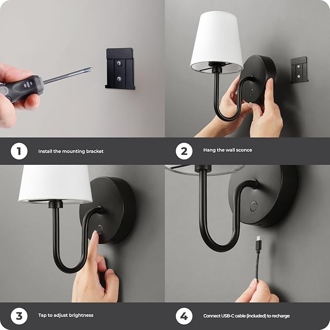 GLOBE Electric 65000132 Rechargeable Battery Wall Sconce, Integrated LED, Matte Black Finish, White Fabric Shade, 3-Step Touch Dimming, Timer, USB-C Charging, Wireless Modern Lighting