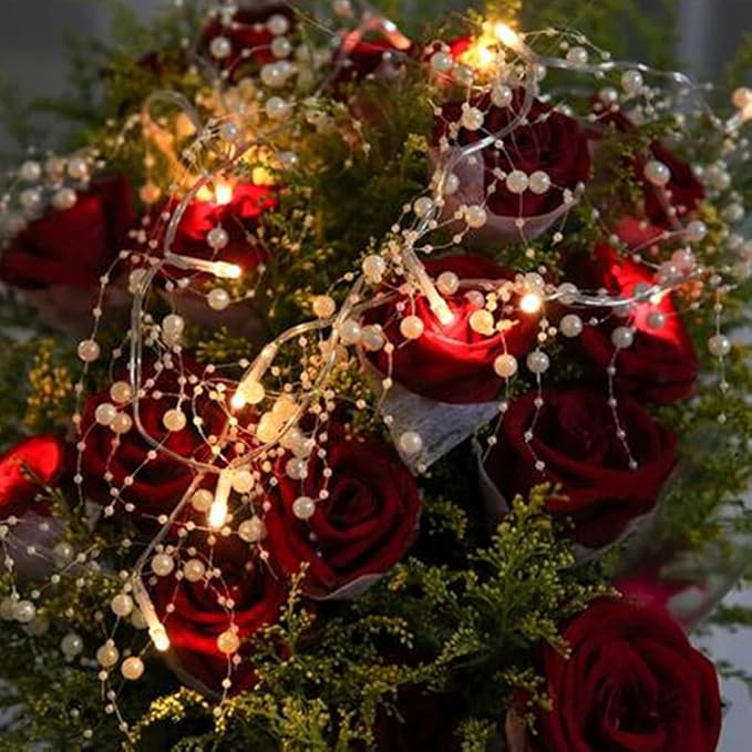 OVV Christmas Decorations 13FT Pearl Garland String Lights 40LED Festive Lighted Berry Beaded Indoor Xmas Decor Warm Lights for Bedroom Mantel Wedding Party Battery Operated (Red)