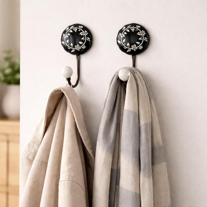 Ceramic Wall Hooks, Black with White Floral Pattern, 2-Pack Decorative Coat Hangers, 8 lb Capacity (4, Black)