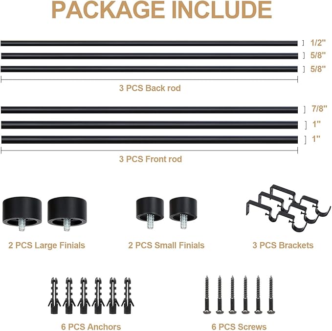OLV Black Double Curtain Rods for Windows 72 to 144 Inch(6 to 12 Feet),1 Inch Adjustable Dual Curtain Rod, Heavy Duty Double Drapery Pole with End Cap Design for Living Room, Bedroom, Farmhouse