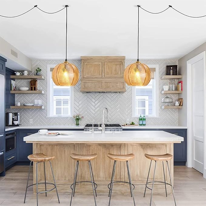 Plug in Glass Pendant Light Mid-Century Modern Striped Amber Glass Hanging Ceiling Lighting Fixture with 14.7FT Cord, Globe Decor Chandelier For Living Room, Bedroom, Dining Hall, Kitchen (Amber)