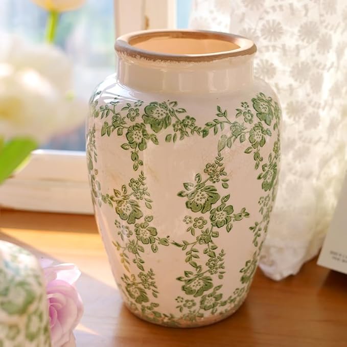 10” Retro Crackle Glaze Ceramic Vase Rustic Green Vases Decorative Vases Farmhouse Home Decor Vase Chinoiserie Vintage Flower Vases