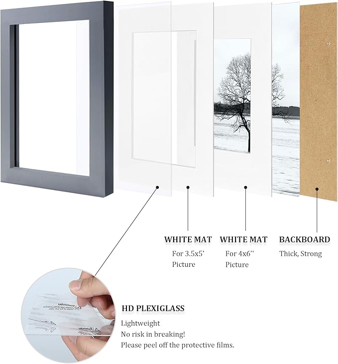 Egofine 4x6 Picture Frames Set of 4, Made of Solid Wood Covered by Plexiglass 3x4.5 and 3.5x5 with Mat or 4x6 without Mat, for Table Top Display and Wall Mounting Photo Frame, Dark Grey