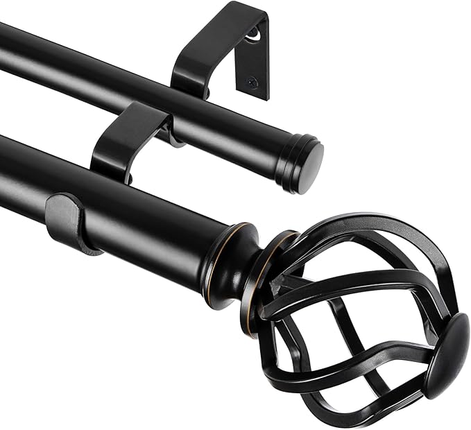 KAMANINA Black Double Curtain Rod 140 to 195 Inches (12-16 Feet), 1 Inch Curtain Rods for Windows 60 to 191, Heavy Duty Telescoping Drapery Rods with Twisted Cage Finials