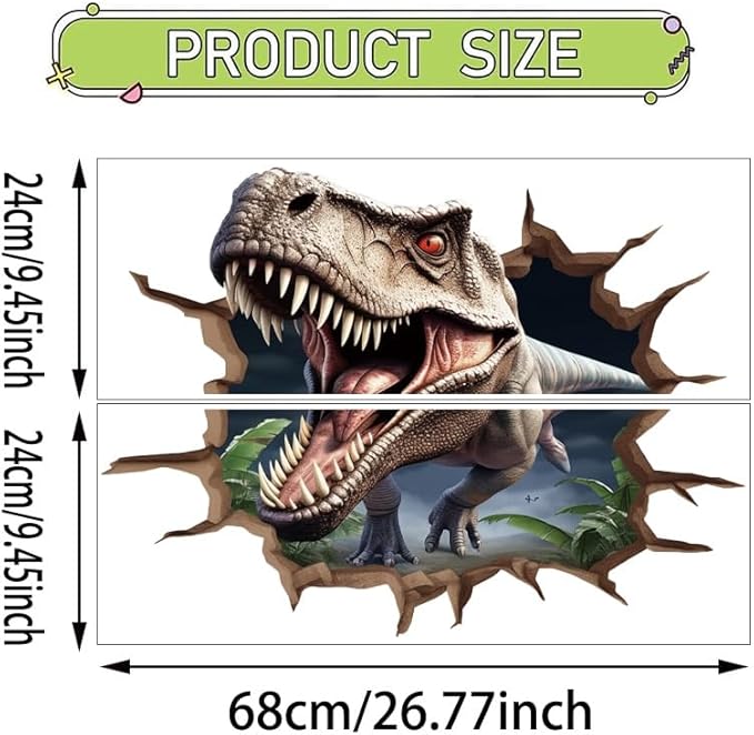 Large Dinosaur Stickers for Wall Dinosaur Room Decor for Boys, Realistic Tyrannosaurus rex, Breaking Through Walls