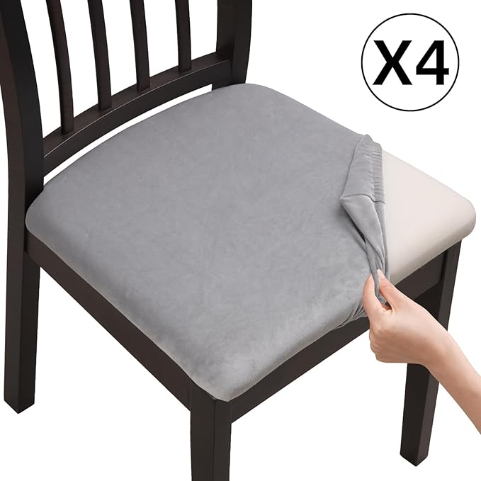 Fuloon Stretch Chair Seat Covers 4 PCS, Velvet Cushion Covers Washable Seat Cushion Slipcover Dining Room for Hotel, Ceremony, Banquet Wedding Party (Velvet Light-Grey, 4)