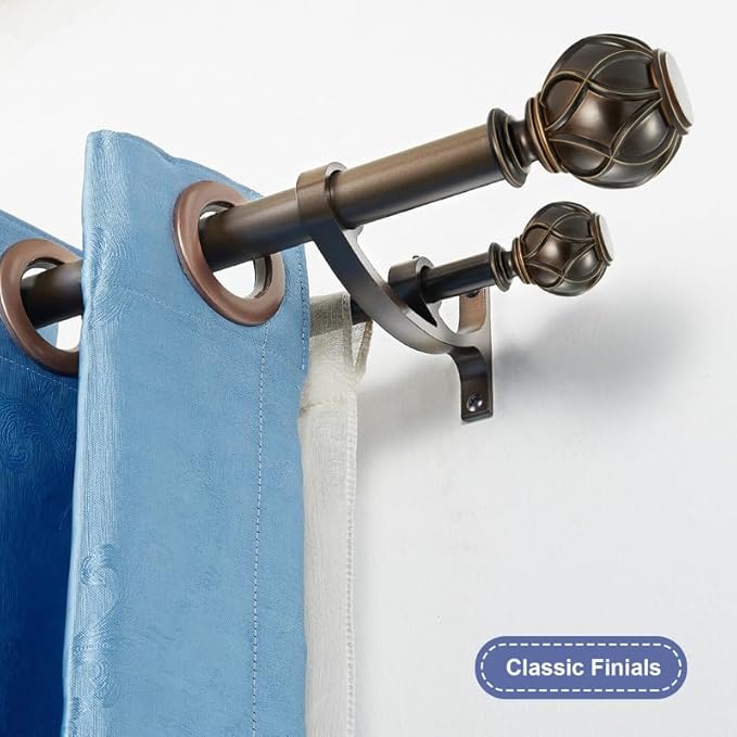 Antique Bronze Double Curtain Rods, 28 to 48 Inch, Decorative Drapery Rods with Classic Finials, Adjustable 1-Inch Front and 5/8 Inch Back