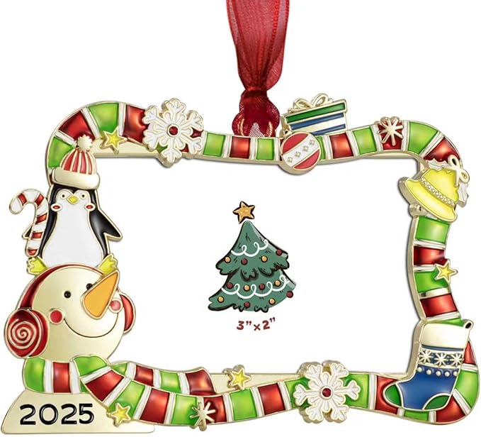 2025 Christmas Tree Ornament Picture Frame Ornament Made of Zinc Alloy Glitter Powder Pendant 3x2 Picture Frame for Pet, Baby Holiday Keepsake Gift (Snowman Snowflake, Golden)