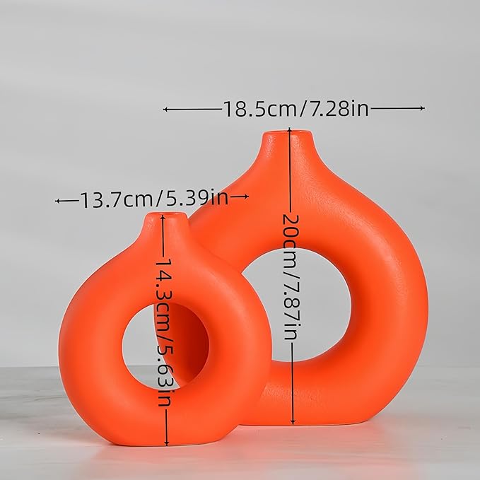Modern Donut-Shaped Decorative Vases, Handmade Minimalist Boho ins Style, Modern Vase for Home Decor for Wedding Dinner Table Party Living Room Office Bedroom (Orange, Large + Small)