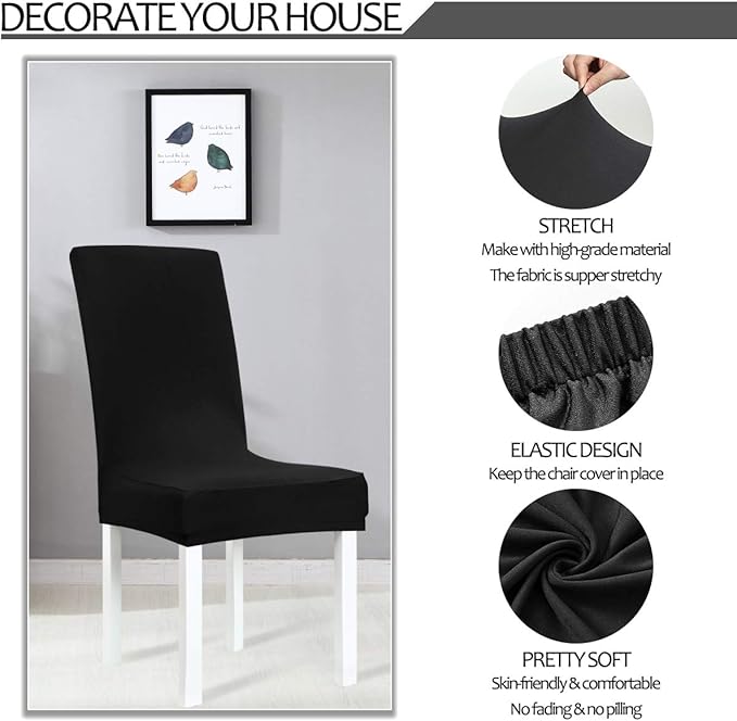 Obstal Black Stretch Spandex Dining Room Chair Covers ?Set of 4 Universal Removable Washable Chair Seat Slipcovers Protector for Kitchen, Ceremony, Wedding, Banquet, Hotel and Party