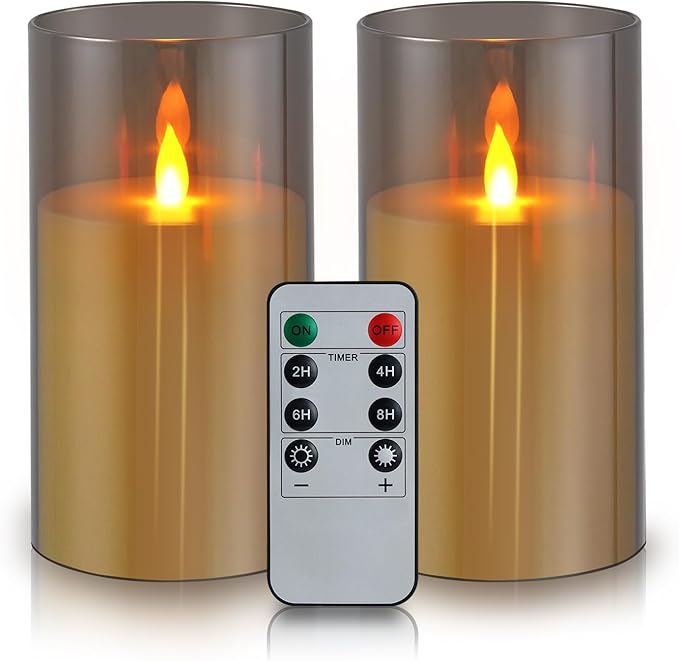 Flameless Candles 4" 5" 6" Set of 3 Acrylic Glass Pillars 3" Diameter Battery Operated Flickering Candles Include 10-Key Remote with Timer Function 400+ Hours (Gray, Warm Light 2 Pack)