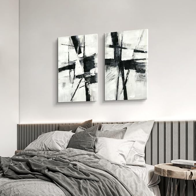 Black and White Abstract Wall Art: Modern Textured Painting Black & White Stroke Graffiti Canvas Picture Prints Contemporary Large Artwork for Bathroom
