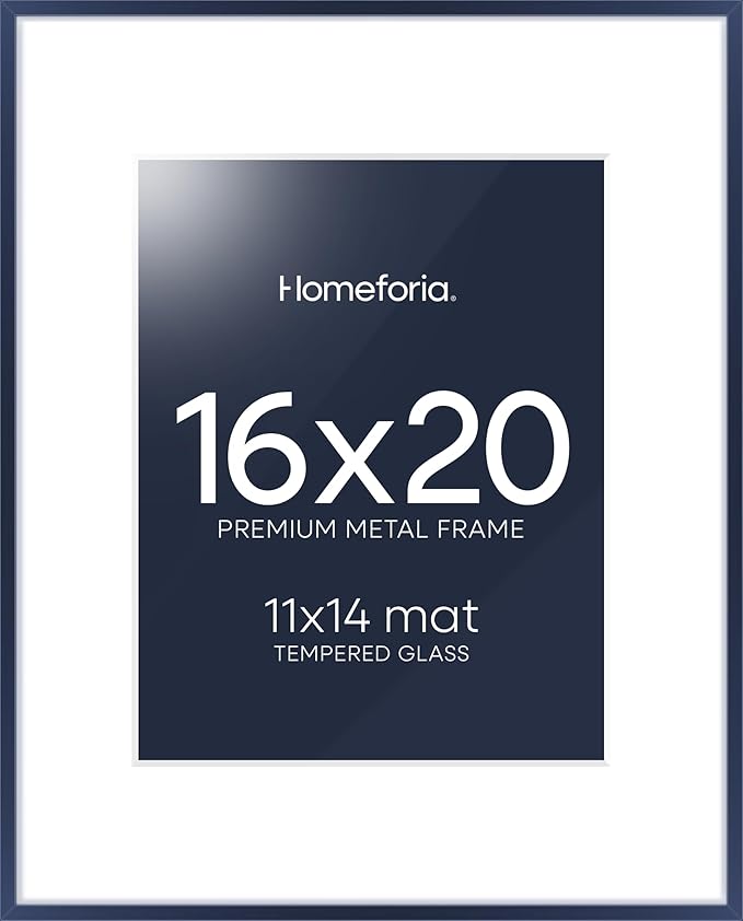 Homeforia 16x20 Navy Blue Picture Frame, High End Metal 16x20 Poster Frames with Mat 11x14 inch Photo, 16 x 20 Navy Blue Frame Matted to 11 by 14 Print, 20x16 Frame, Tempered Glass, Wall Kit, Set of 1